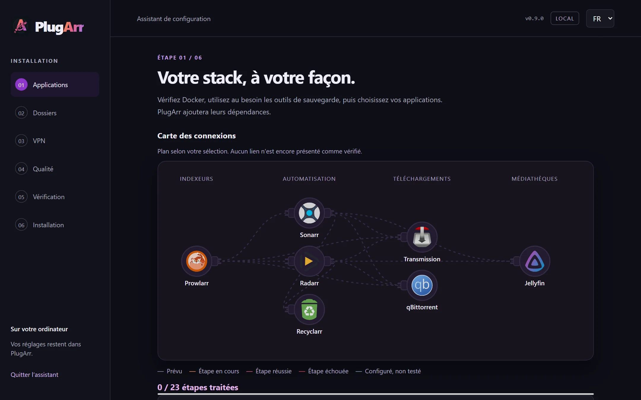 Assistant web PlugArr : la carte des connexions se dessine selon les applications choisies