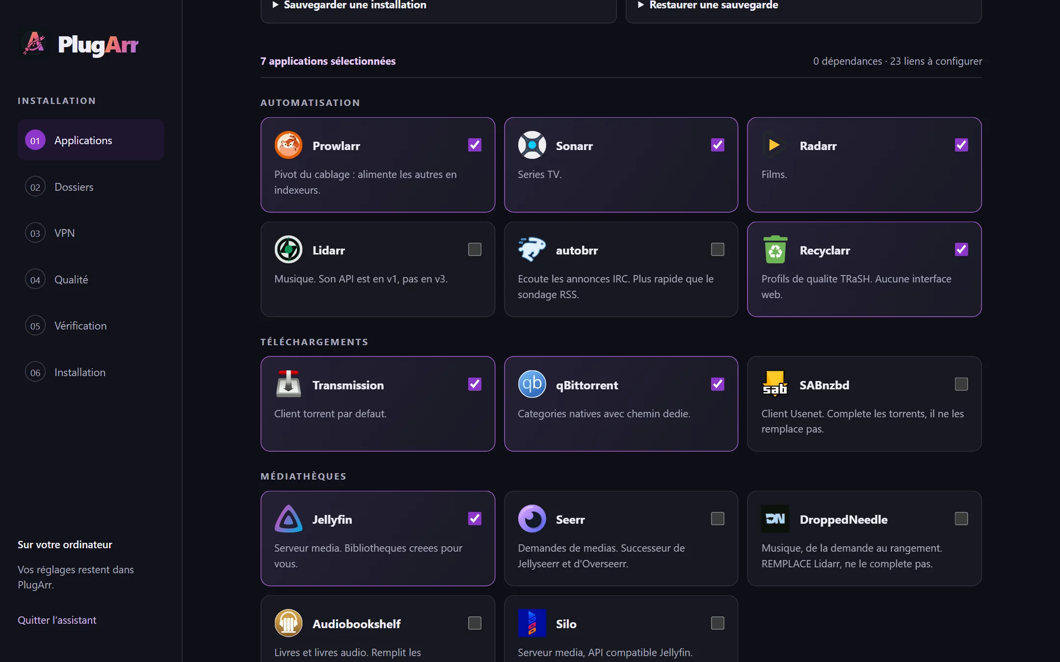 Assistant web PlugArr : choix des applications par catégorie, avec le nombre de liens à configurer