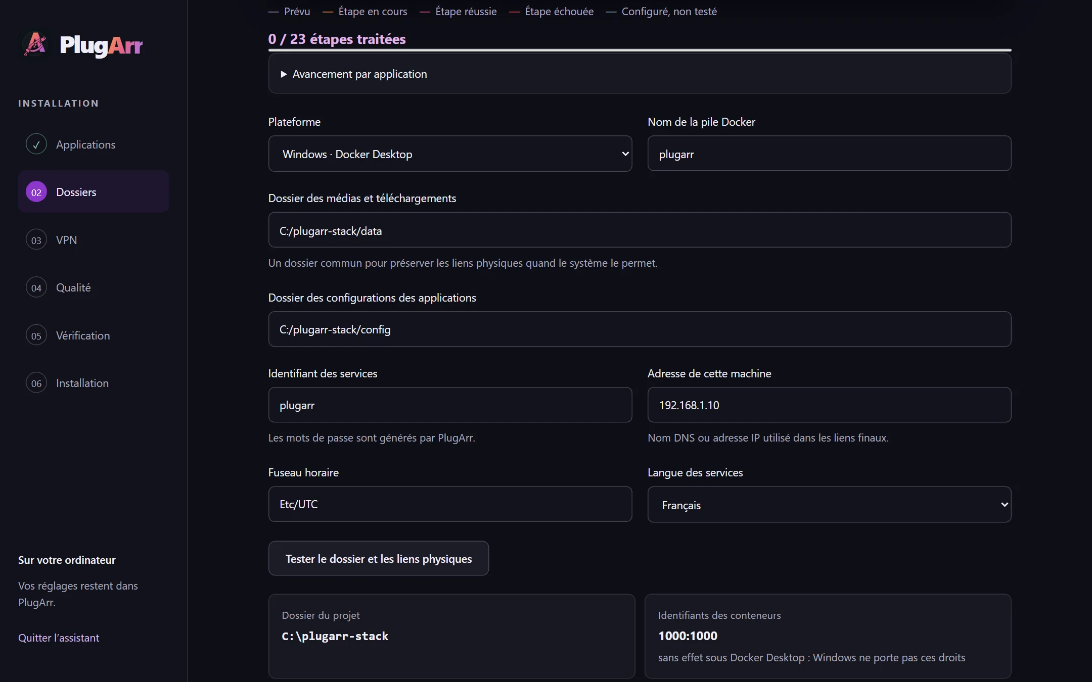 Assistant web PlugArr : dossiers des médias et des configurations, adresse et fuseau horaire