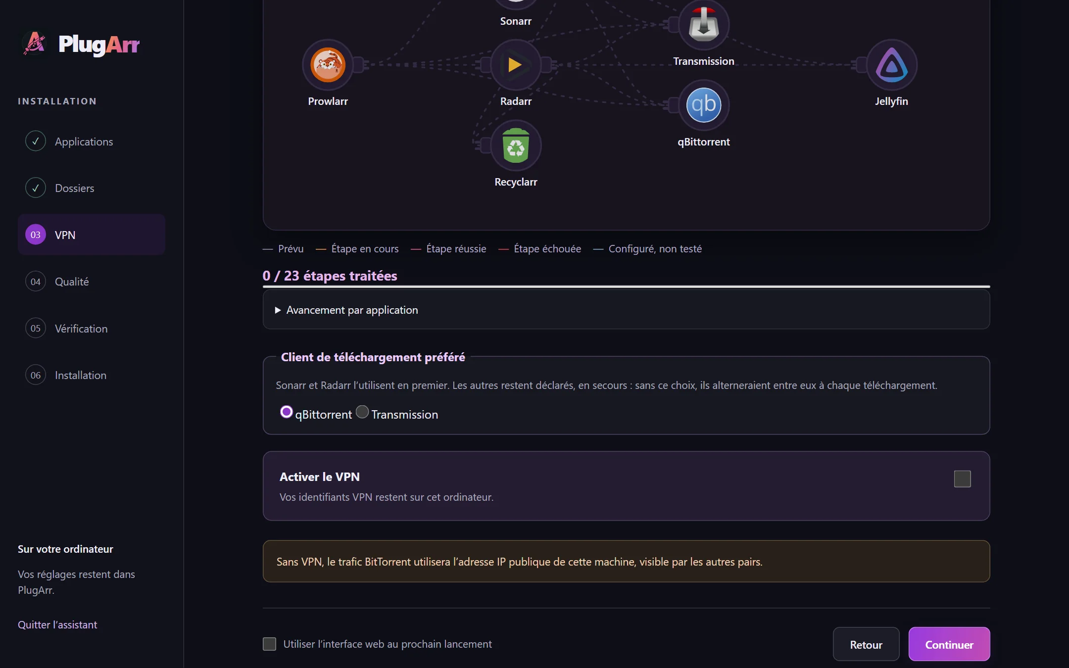 Assistant web PlugArr : choix du client de téléchargement préféré entre qBittorrent et Transmission