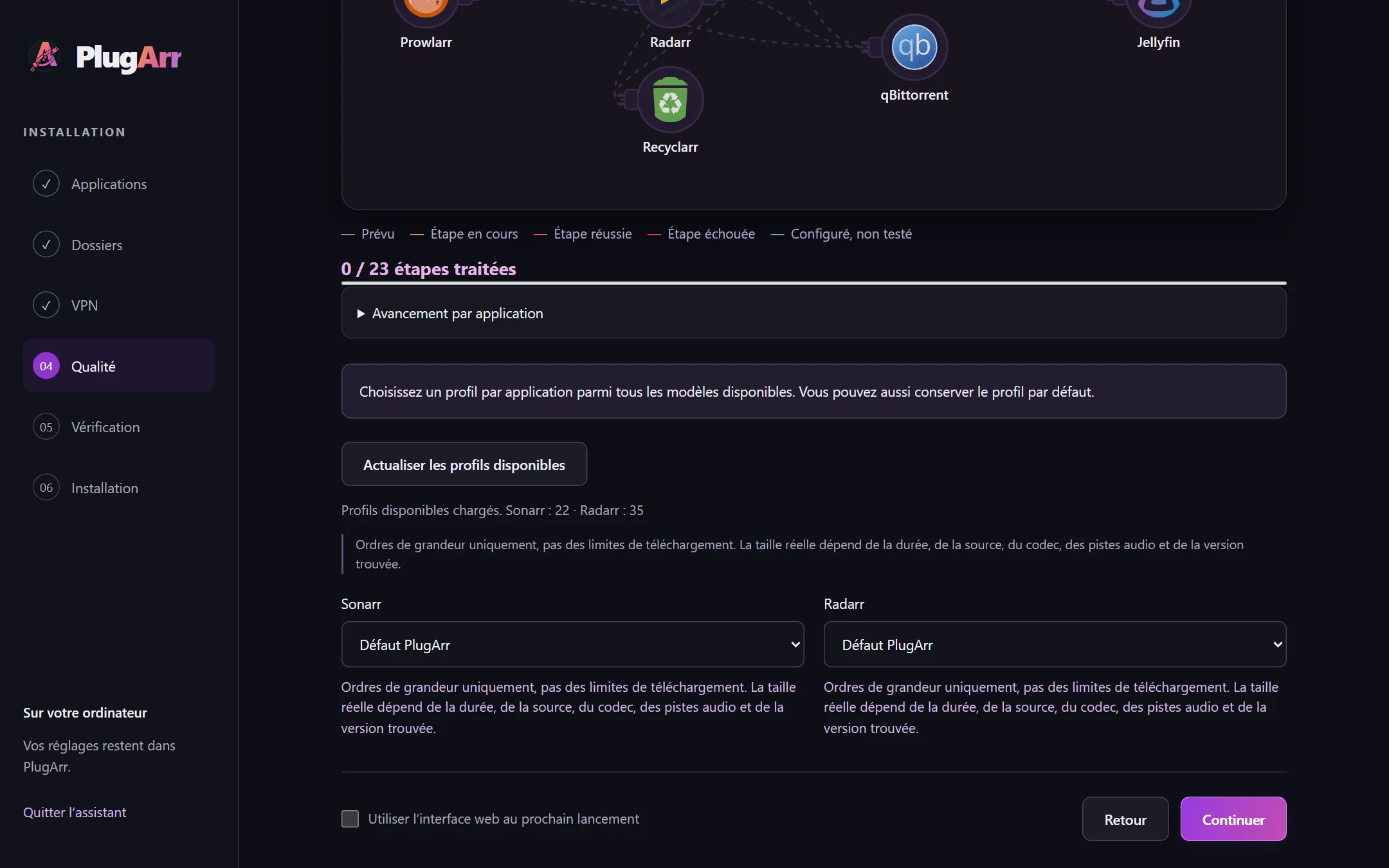 Assistant web PlugArr : profils TRaSH proposés par Recyclarr pour Sonarr et Radarr